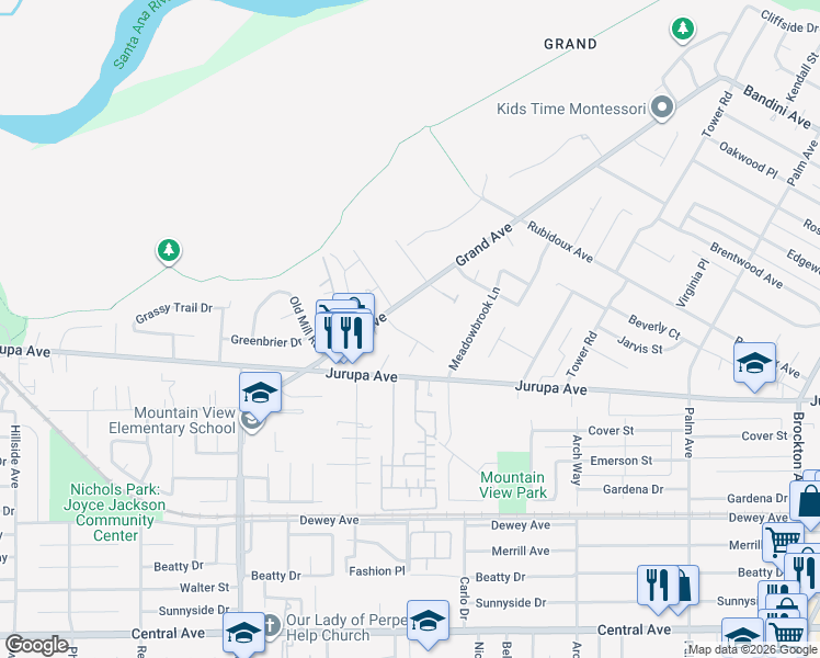 map of restaurants, bars, coffee shops, grocery stores, and more near 5022 Carlingford Avenue in Riverside