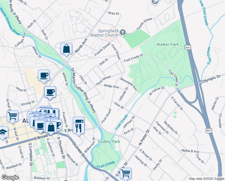 map of restaurants, bars, coffee shops, grocery stores, and more near 158 Chicopee Boulevard in Athens