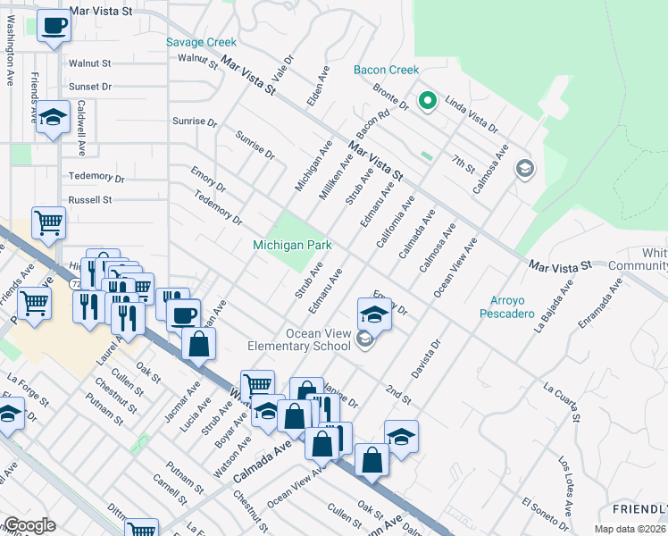 map of restaurants, bars, coffee shops, grocery stores, and more near 8346 Strub Avenue in Whittier
