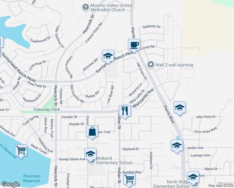 map of restaurants, bars, coffee shops, grocery stores, and more near 24488 Quail Nest Road in Moreno Valley
