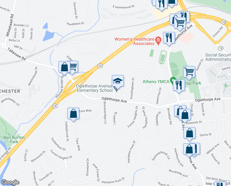 map of restaurants, bars, coffee shops, grocery stores, and more near 1150 Oglethorpe Avenue in Athens