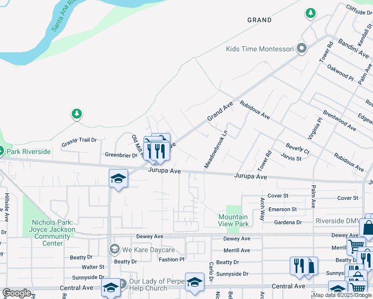 map of restaurants, bars, coffee shops, grocery stores, and more near 5035 Carlingford Avenue in Riverside
