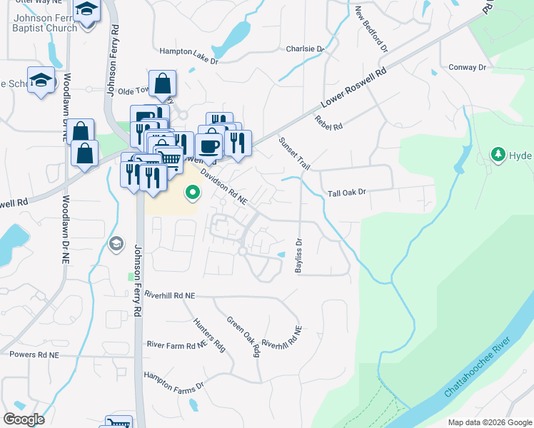 map of restaurants, bars, coffee shops, grocery stores, and more near 5109 Davidson Road Northeast in Marietta