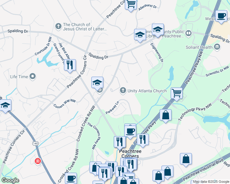 map of restaurants, bars, coffee shops, grocery stores, and more near 3577 Monticello Commons in Norcross
