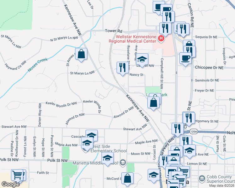 map of restaurants, bars, coffee shops, grocery stores, and more near 479 Kennesaw Avenue Northwest in Marietta