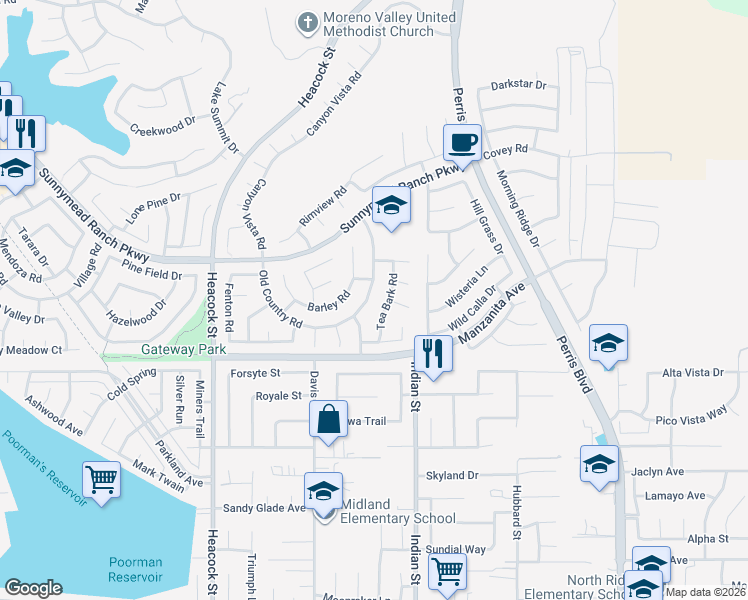 map of restaurants, bars, coffee shops, grocery stores, and more near 24331 Old Country Road in Moreno Valley