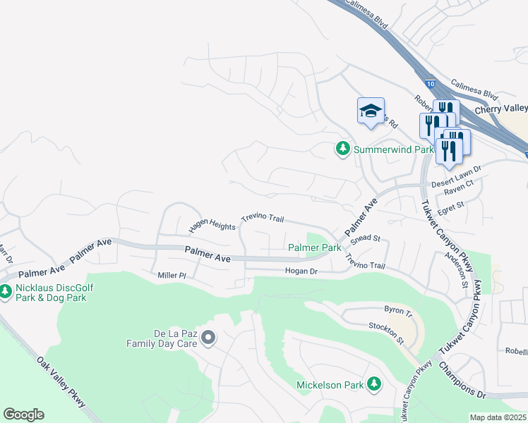 map of restaurants, bars, coffee shops, grocery stores, and more near 35068 Trevino Trail in Beaumont