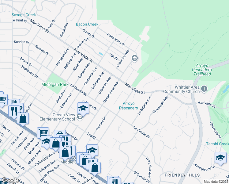 map of restaurants, bars, coffee shops, grocery stores, and more near 8250 Ocean View Avenue in Whittier