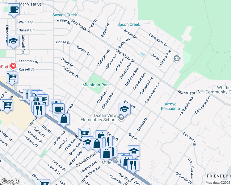 map of restaurants, bars, coffee shops, grocery stores, and more near 8314 Edmaru Avenue in Whittier