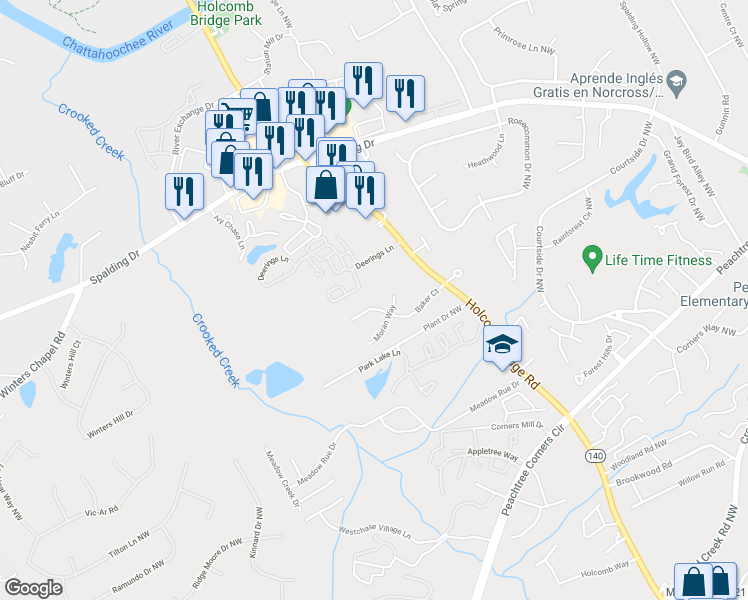 map of restaurants, bars, coffee shops, grocery stores, and more near 6399 Baker Court in Norcross