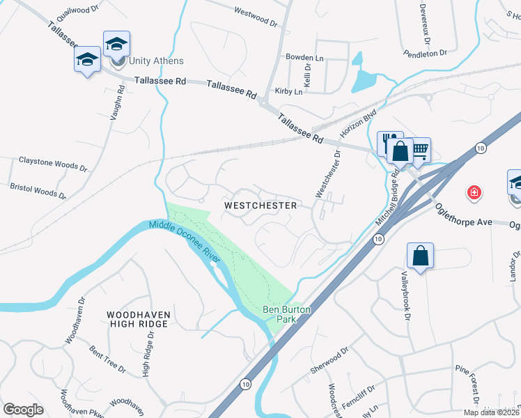 map of restaurants, bars, coffee shops, grocery stores, and more near 161 Westchester Circle in Athens
