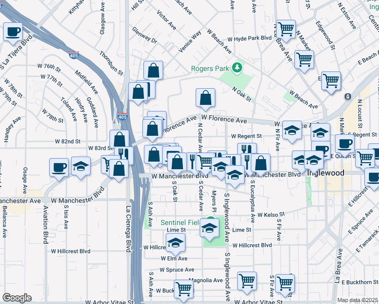 map of restaurants, bars, coffee shops, grocery stores, and more near 517 West Queen Street in Inglewood