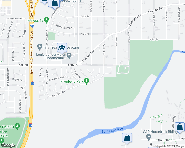 map of restaurants, bars, coffee shops, grocery stores, and more near 6882 Keyway Court in Jurupa Valley