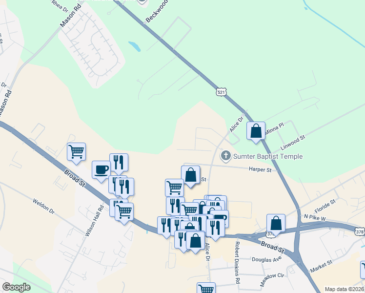 map of restaurants, bars, coffee shops, grocery stores, and more near 2315 Harper Street in Sumter