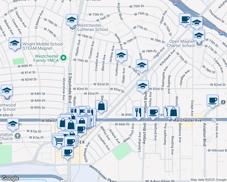 map of restaurants, bars, coffee shops, grocery stores, and more near 6023 West 83rd Place in Los Angeles