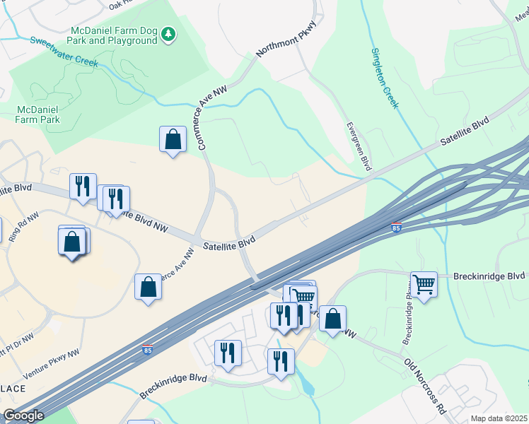map of restaurants, bars, coffee shops, grocery stores, and more near 3095 Satellite Boulevard in Duluth