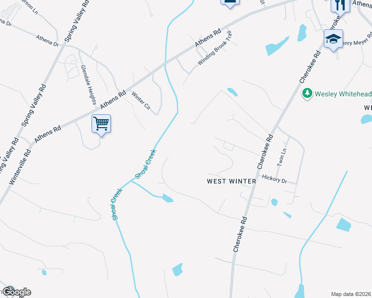 map of restaurants, bars, coffee shops, grocery stores, and more near 1050 Cherokee Road in Winterville