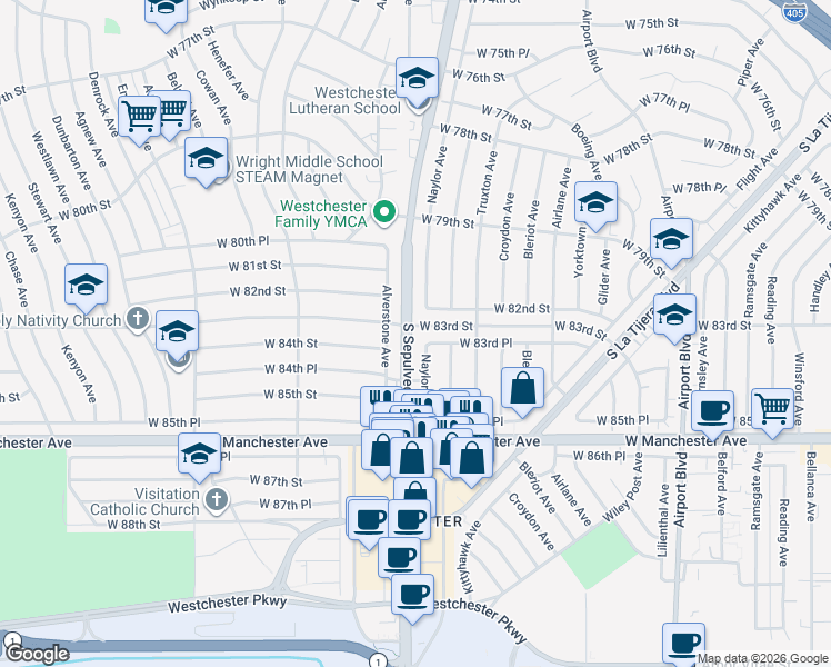 map of restaurants, bars, coffee shops, grocery stores, and more near 8302 South Sepulveda Boulevard in Los Angeles