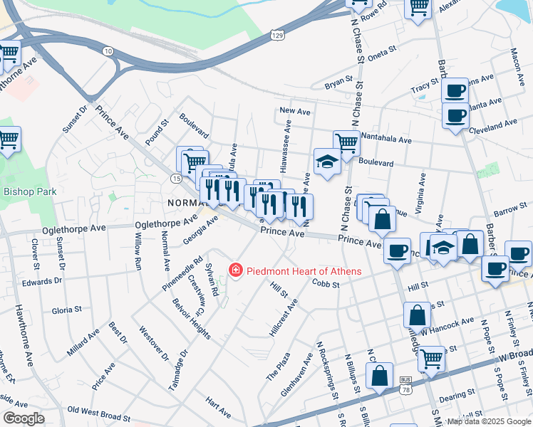 map of restaurants, bars, coffee shops, grocery stores, and more near 1226 Georgia 15 Alternate in Athens