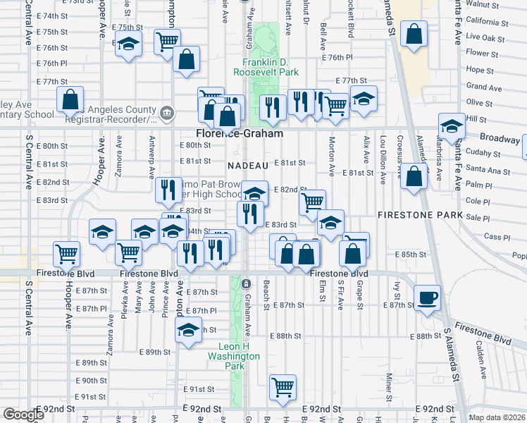 map of restaurants, bars, coffee shops, grocery stores, and more near 8255 Beach Street in Los Angeles