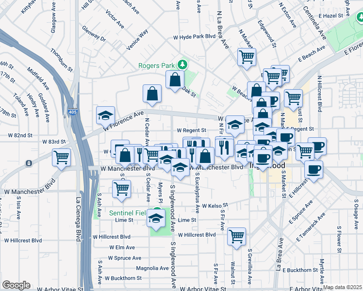 map of restaurants, bars, coffee shops, grocery stores, and more near 315 West Queen Street in Inglewood