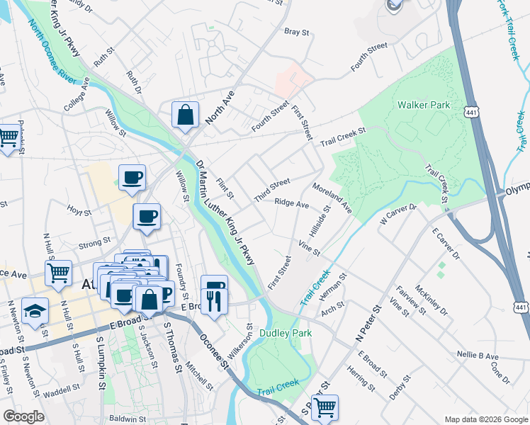 map of restaurants, bars, coffee shops, grocery stores, and more near 216 Pearl Street in Athens
