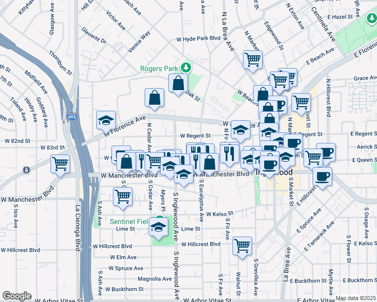 map of restaurants, bars, coffee shops, grocery stores, and more near 321 West Queen Street in Inglewood