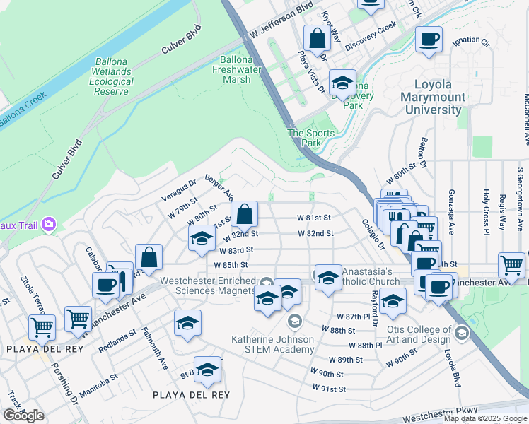 map of restaurants, bars, coffee shops, grocery stores, and more near 7511 West 81st Street in Los Angeles