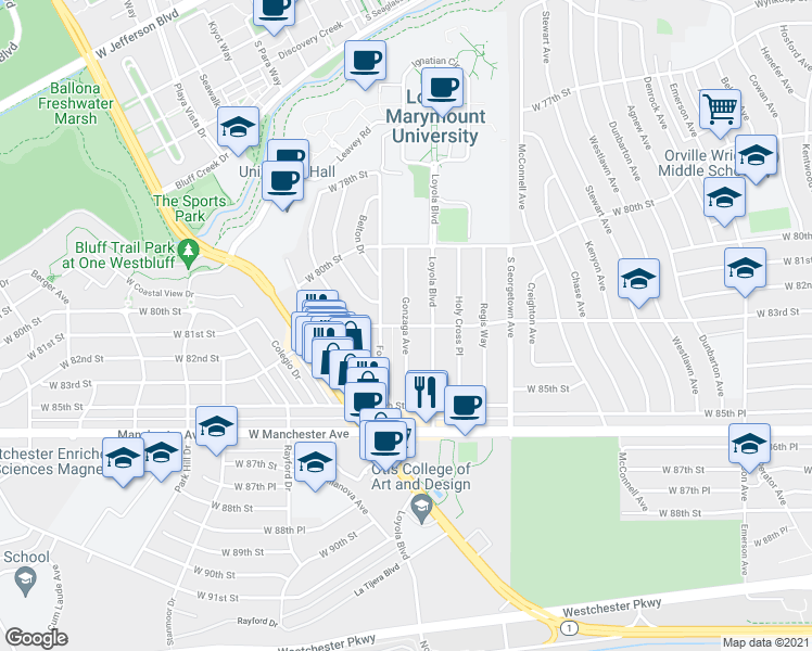 map of restaurants, bars, coffee shops, grocery stores, and more near W 83rd St & Gonzaga Ave in Los Angeles