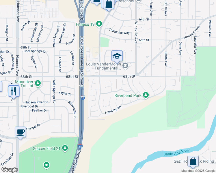 map of restaurants, bars, coffee shops, grocery stores, and more near Santiam Court in Jurupa Valley
