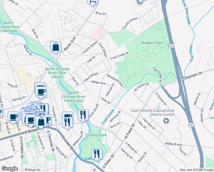 map of restaurants, bars, coffee shops, grocery stores, and more near 235 Ridge Avenue in Athens