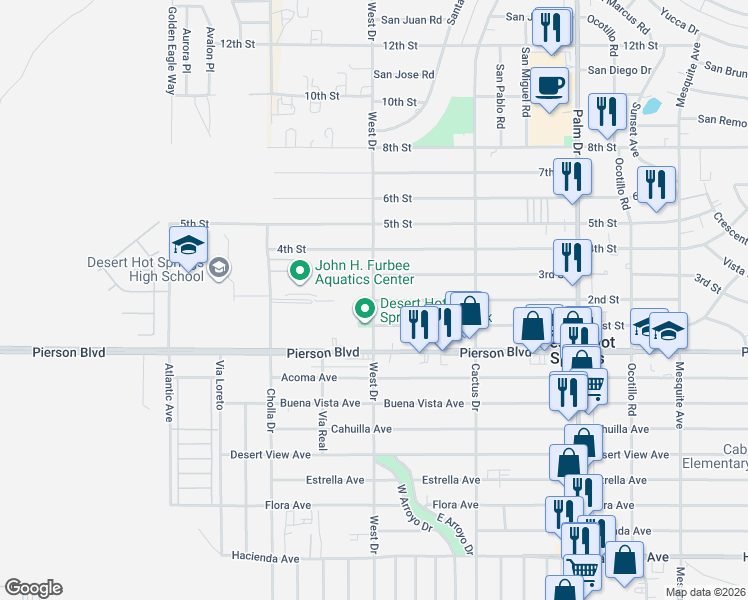 map of restaurants, bars, coffee shops, grocery stores, and more near 66011 2nd Street in Desert Hot Springs