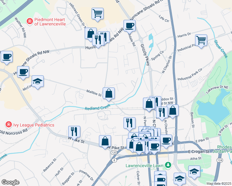 map of restaurants, bars, coffee shops, grocery stores, and more near 356 Dixie Court in Lawrenceville