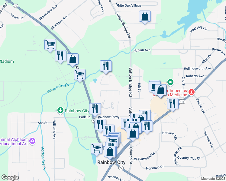 map of restaurants, bars, coffee shops, grocery stores, and more near Knoxville Street in Rainbow City