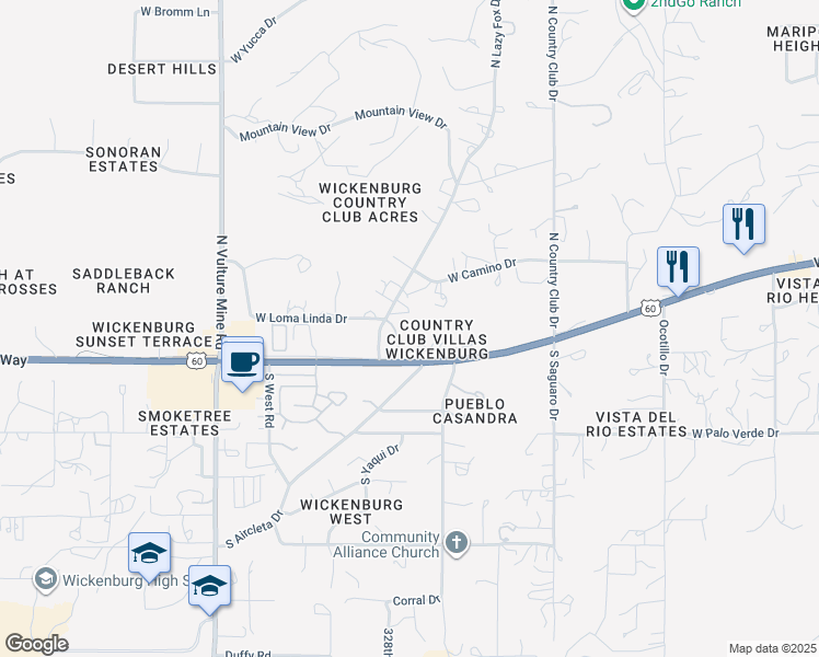 map of restaurants, bars, coffee shops, grocery stores, and more near 5 West Country Club Villas Drive in Wickenburg