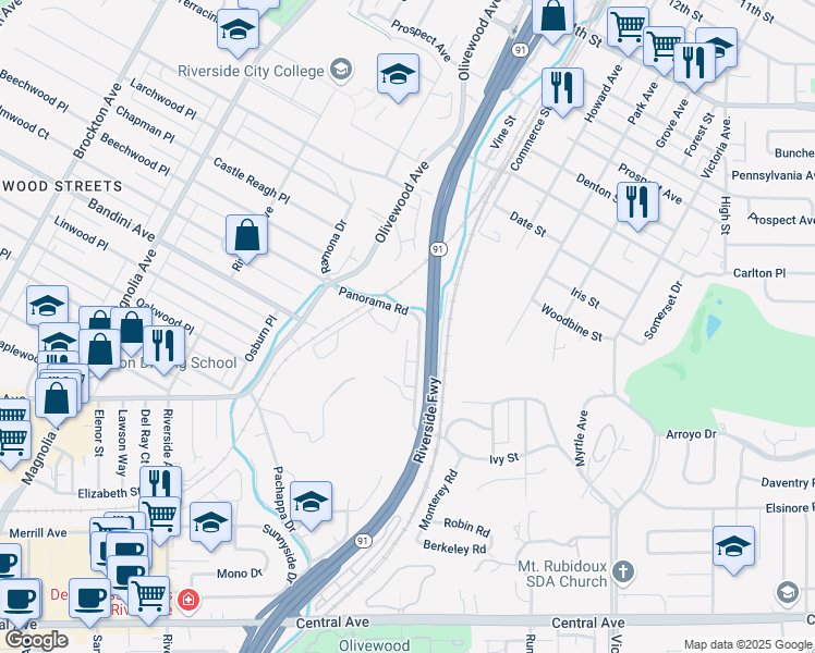 map of restaurants, bars, coffee shops, grocery stores, and more near 3120 Panorama Road in Riverside