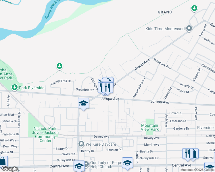 map of restaurants, bars, coffee shops, grocery stores, and more near 5949 Grand Avenue in Riverside