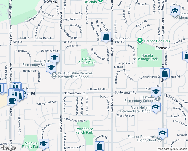 map of restaurants, bars, coffee shops, grocery stores, and more near 6884 Raspberry Court in Corona