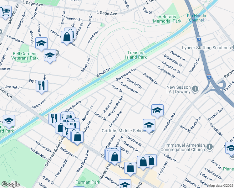 map of restaurants, bars, coffee shops, grocery stores, and more near 9603 Julius Avenue in Downey