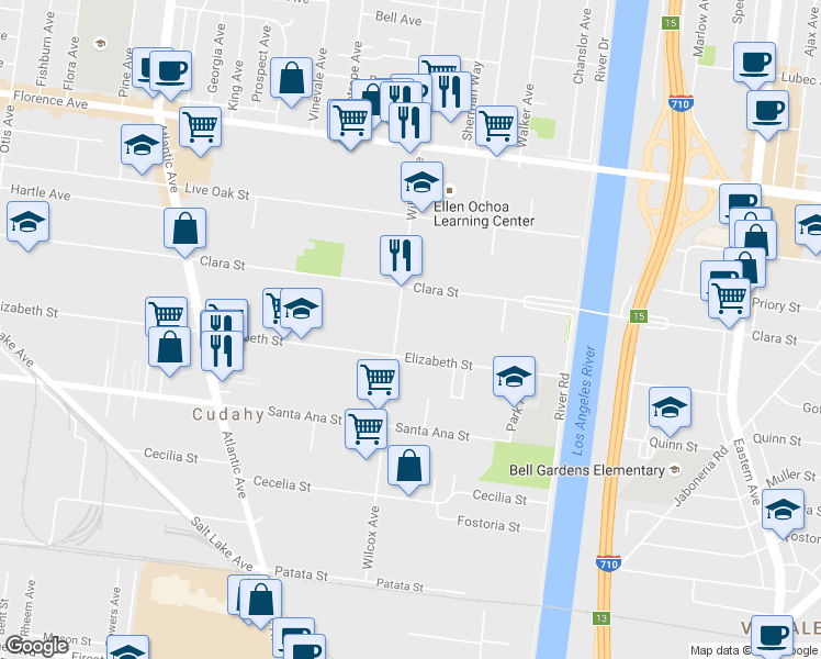 map of restaurants, bars, coffee shops, grocery stores, and more near 5031 1/2 Elizabeth Street in Bell Gardens