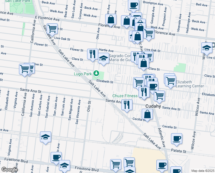 map of restaurants, bars, coffee shops, grocery stores, and more near 4308 Elizabeth Street in Bell Gardens