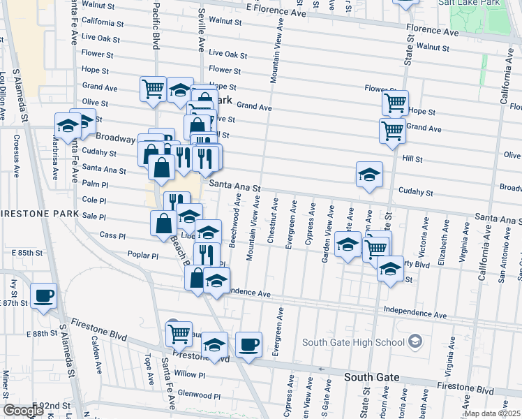 map of restaurants, bars, coffee shops, grocery stores, and more near 8147 Mountain View Avenue in South Gate