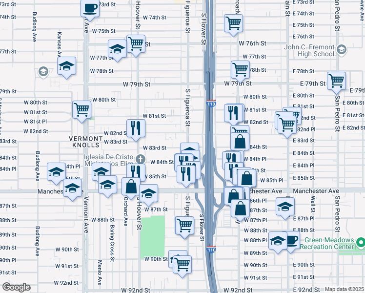 map of restaurants, bars, coffee shops, grocery stores, and more near 8406 South Figueroa Street in Los Angeles