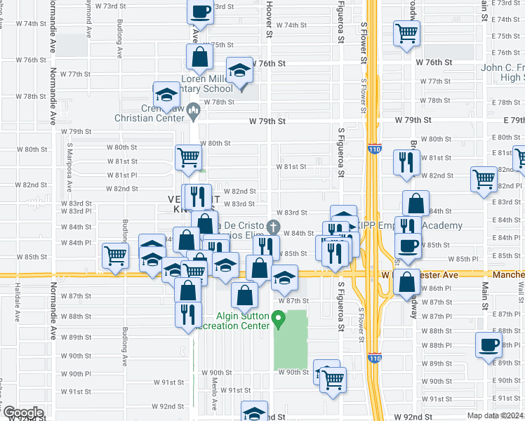 map of restaurants, bars, coffee shops, grocery stores, and more near 8321 South Hoover Street in Los Angeles
