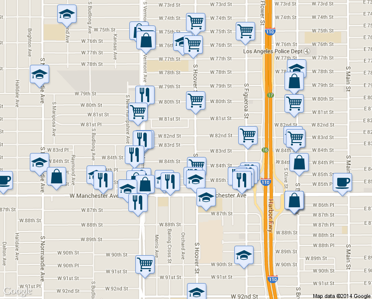 map of restaurants, bars, coffee shops, grocery stores, and more near 836 West 83rd Street in Los Angeles