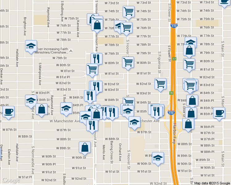 map of restaurants, bars, coffee shops, grocery stores, and more near 836 West 83rd Street in Los Angeles
