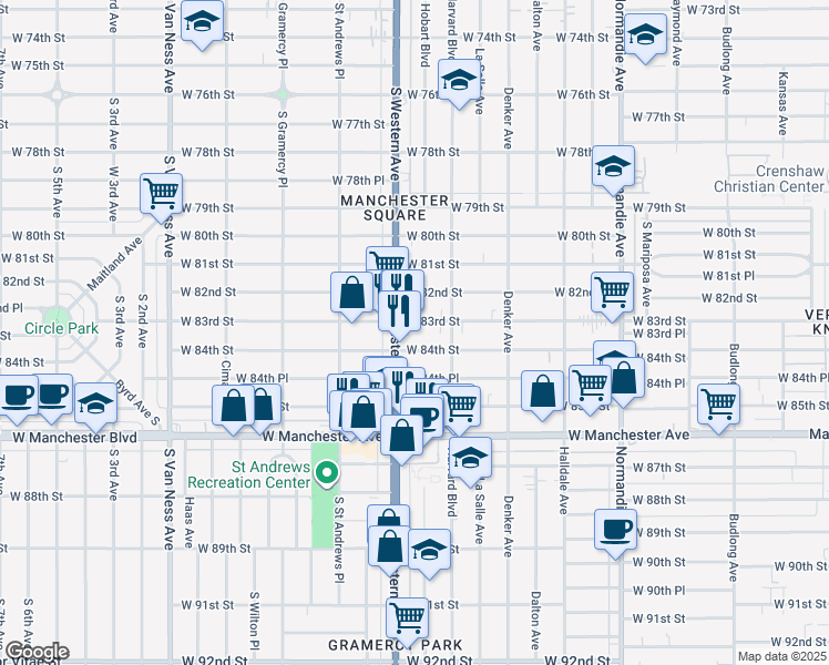 map of restaurants, bars, coffee shops, grocery stores, and more near 1733 West 84th Street in Los Angeles