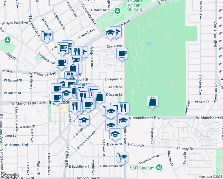 map of restaurants, bars, coffee shops, grocery stores, and more near 637 East Queen Street in Inglewood