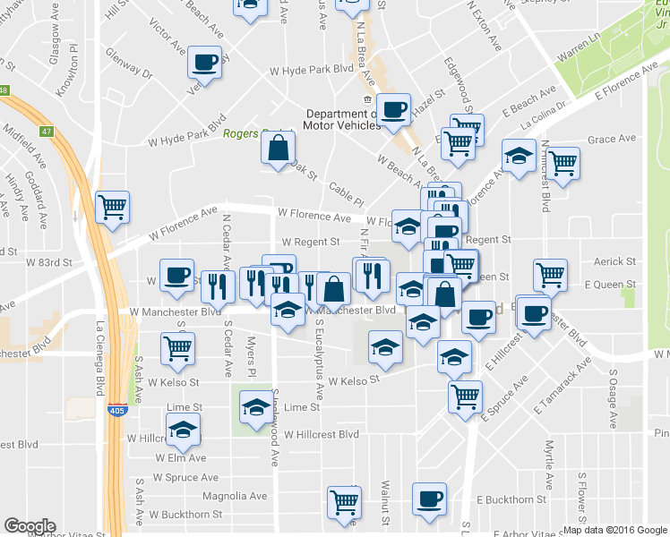 map of restaurants, bars, coffee shops, grocery stores, and more near 235 West Queen Street in Inglewood