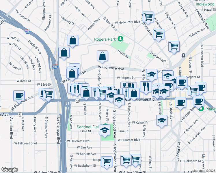map of restaurants, bars, coffee shops, grocery stores, and more near 401 West Queen Street in Inglewood